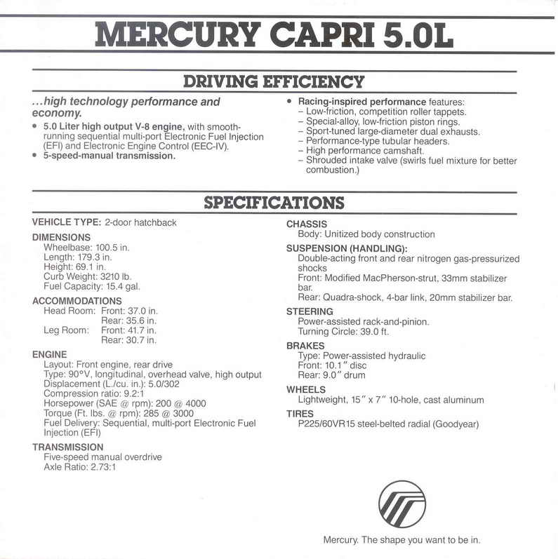 1985 Mercury Capri 5 Litre Brochure Page 2